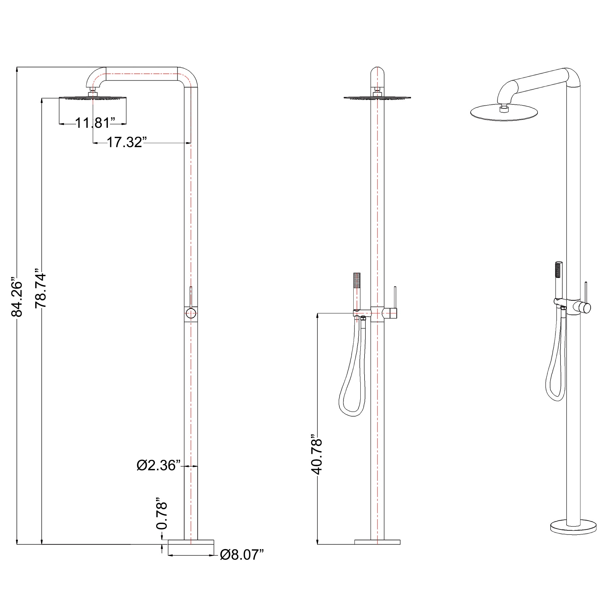 Stainless Steel Freestanding Outdoor Shower with Detachable Handheld Shower Head