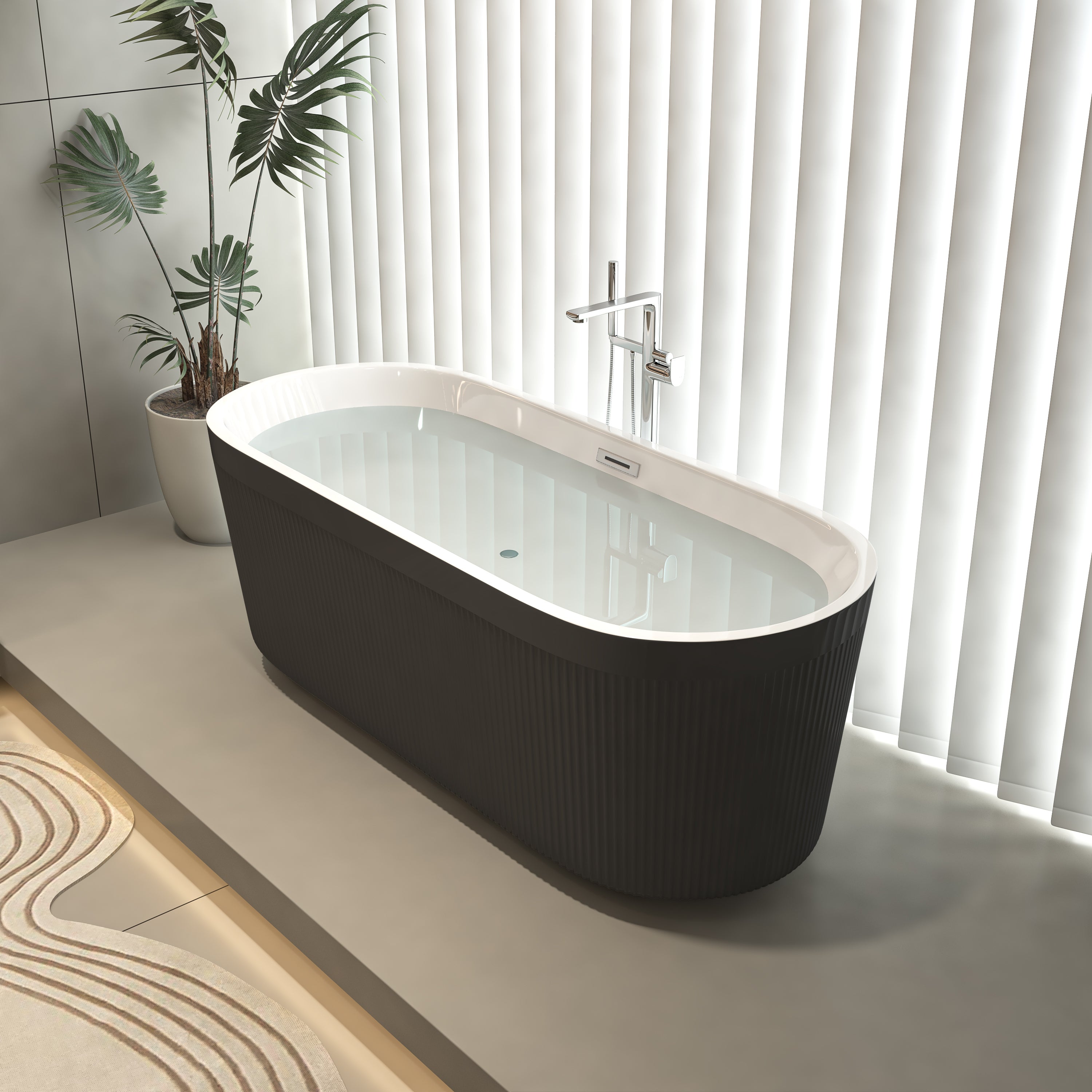 67" Acrylic Freestanding Bathtub with Unique Pleated Design: Spacious Oval Shape, Gloss Black Finish, Chrome Overflow & Pop-Up Drain