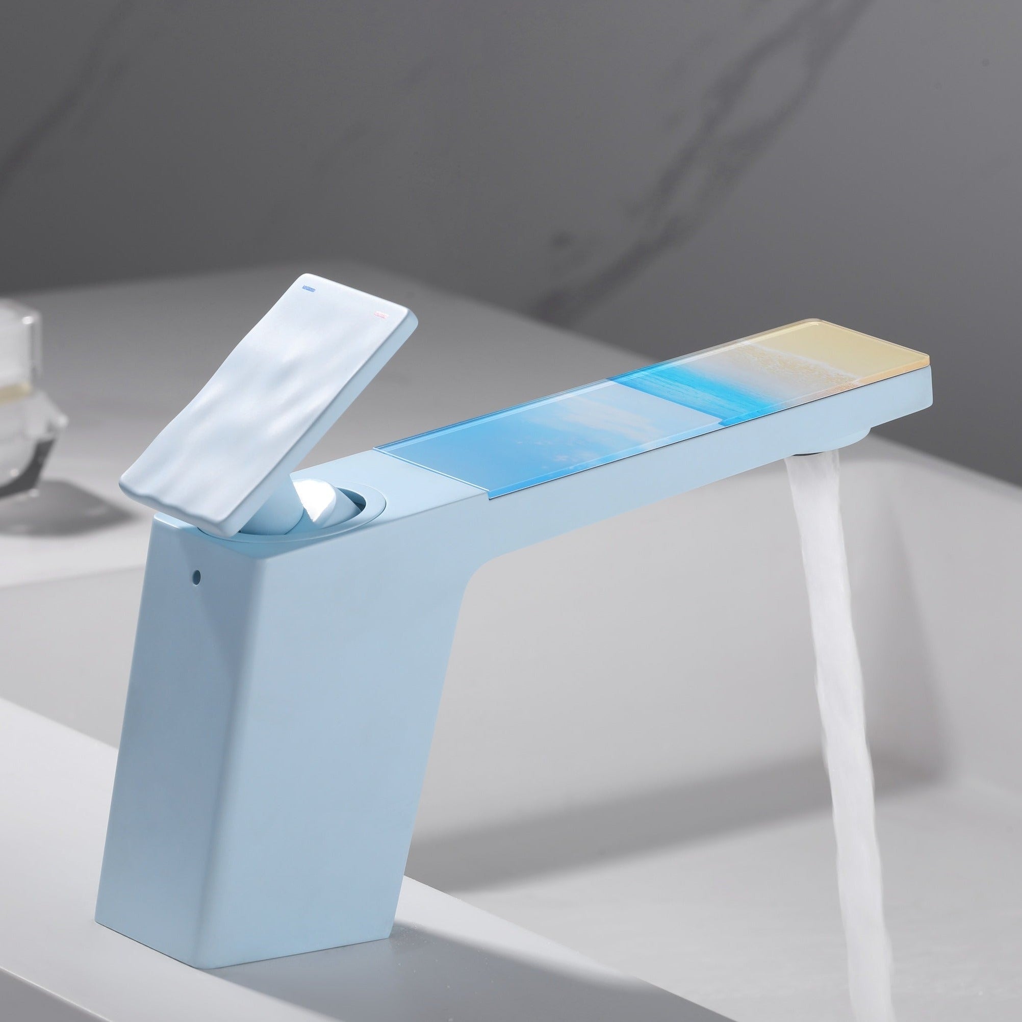 Rainly faucet fairy tale series pastel blue finish back view with water #color_pastel blue