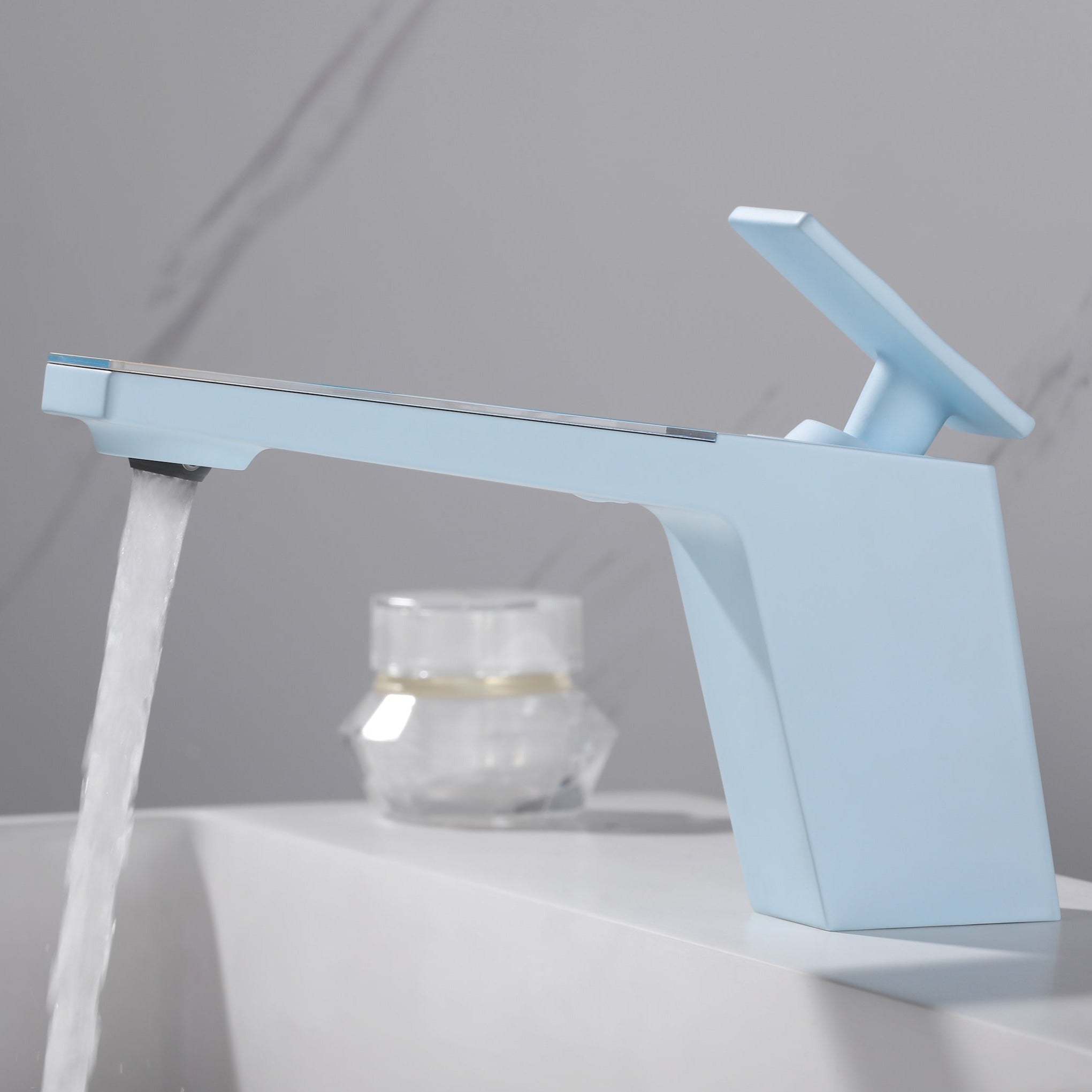 Rainly faucet fairy tale series pastel blue finish side view with water #color_pastel blue