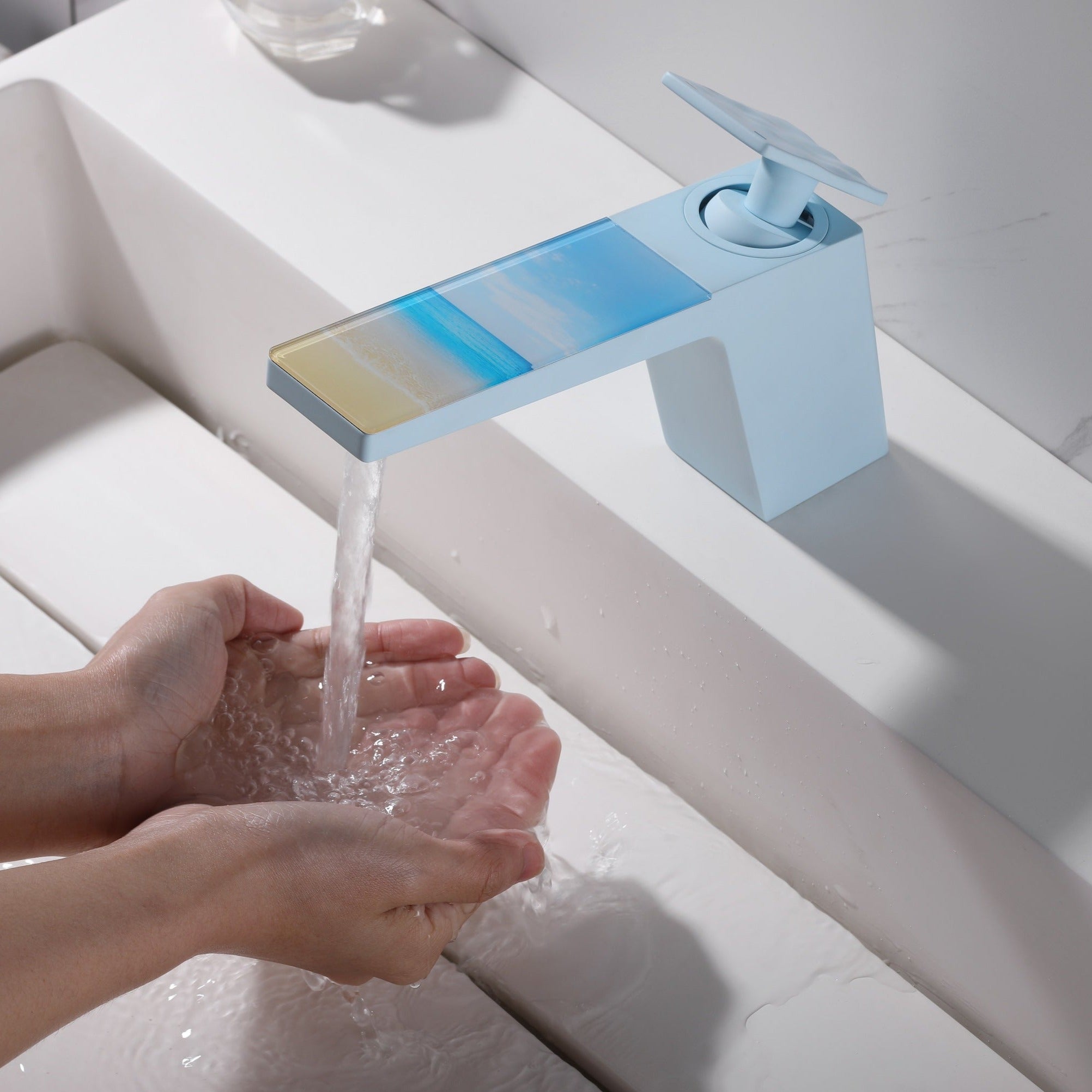 Rainly faucet fairy tale series pastel blue finish top view with water #color_pastel blue