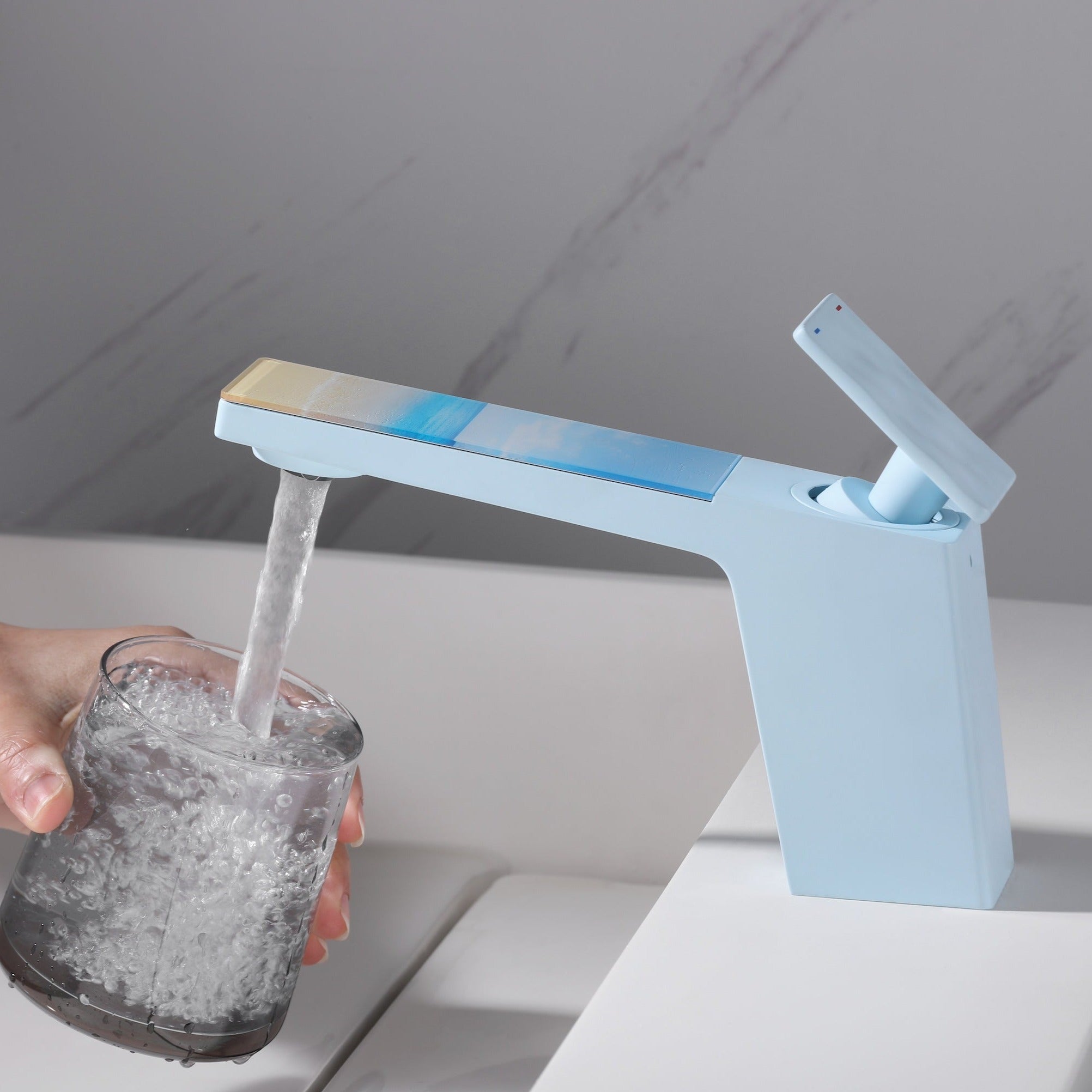 Rainly faucet fairy tale series pastel blue finish side view with glass #color_pastel blue
