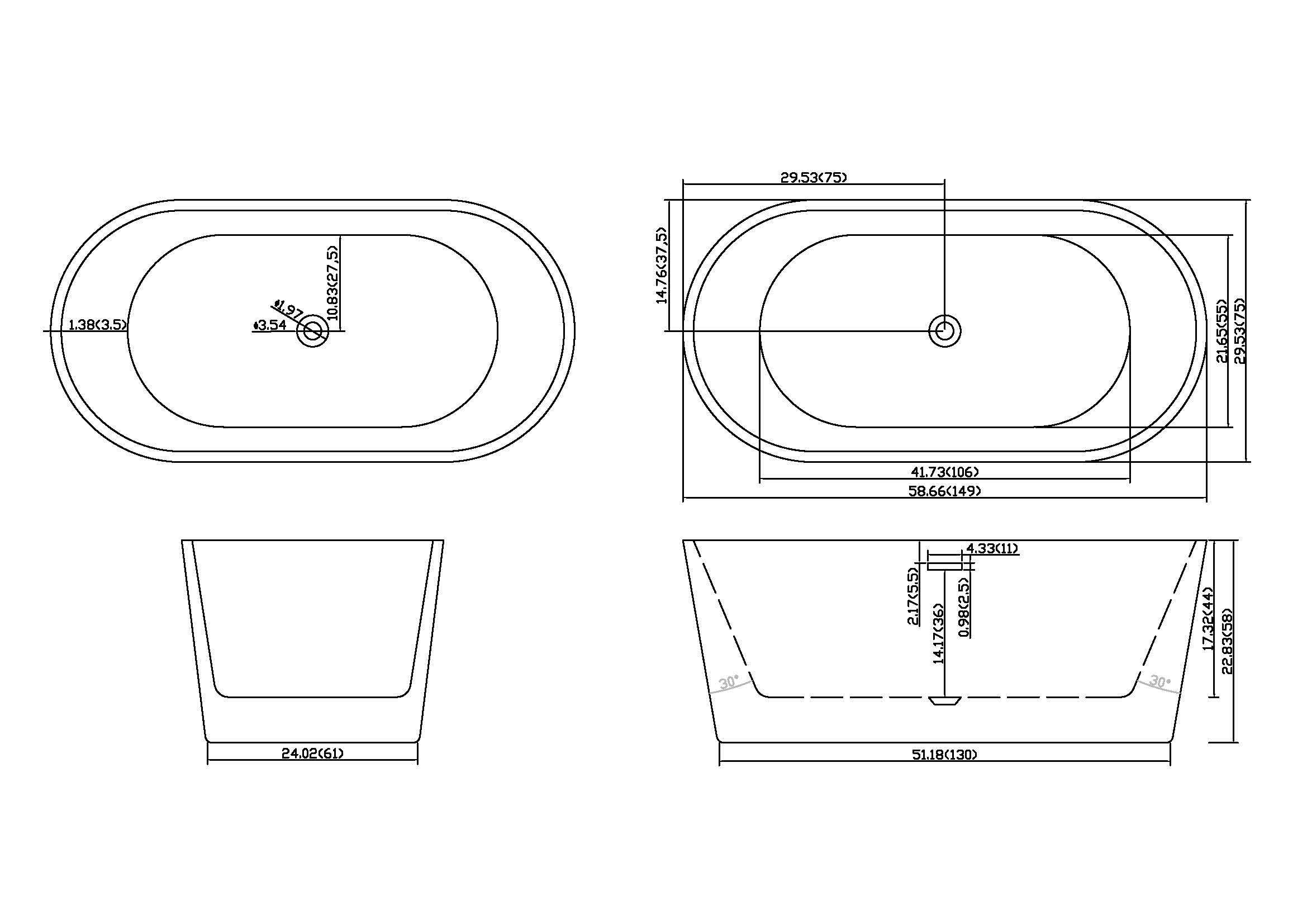 59" Acrylic Freestanding Bathtub-Acrylic Soaking Tubs, White Bathtub, Oval Shape Black Freestanding Bathtub With Chrome Overflow and Pop Up Drain