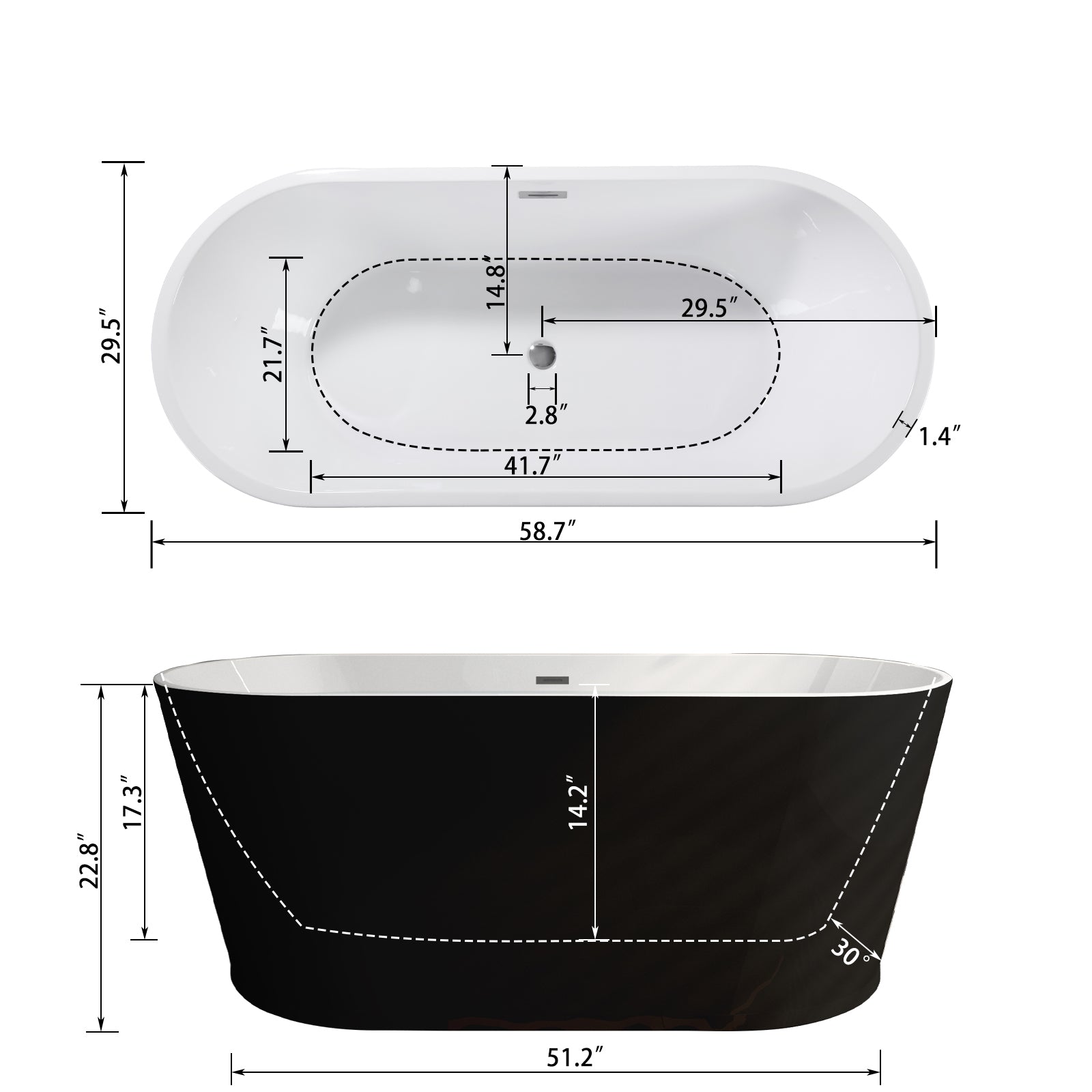 59" Acrylic Freestanding Bathtub-Acrylic Soaking Tubs, Black Bathtub, Oval Shape Black Freestanding Bathtub With Chrome Overflow and Pop Up Drain