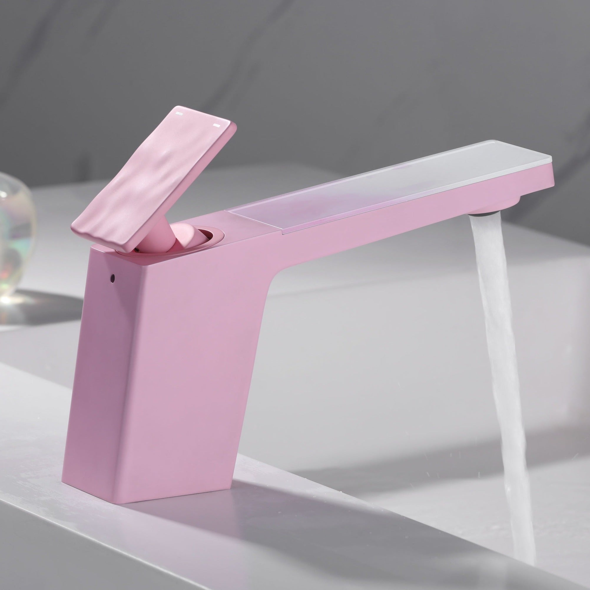 Rainly faucet fairy tale series pink finish back view with water #color_cherry blossom pink
